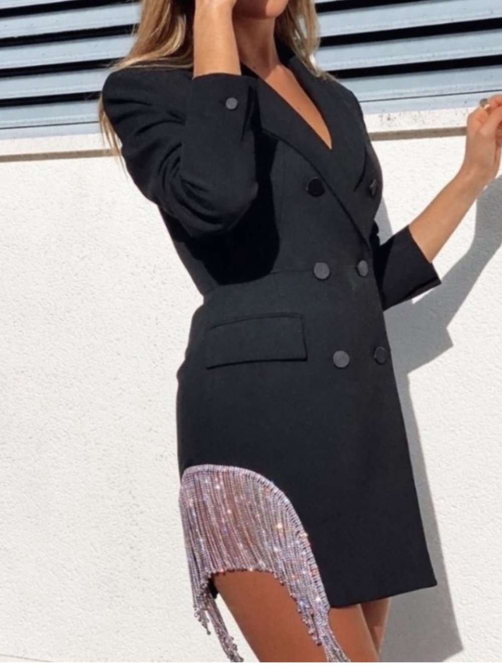 Zara Black Mini Blazer Dress with Silver Fringe